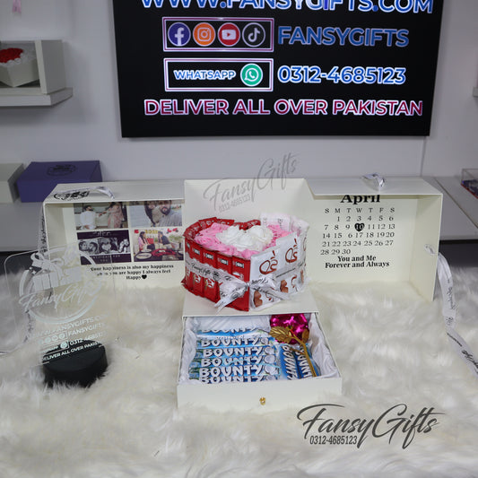 Customize Heart Drawer Box with Chocolates, Metal Flower & Cards