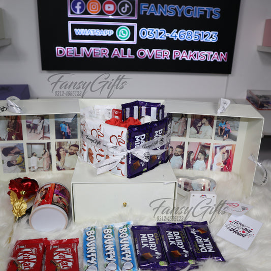 Customize Heart Drawer Box with Mug, Chocolates, Flowers & LED Frame