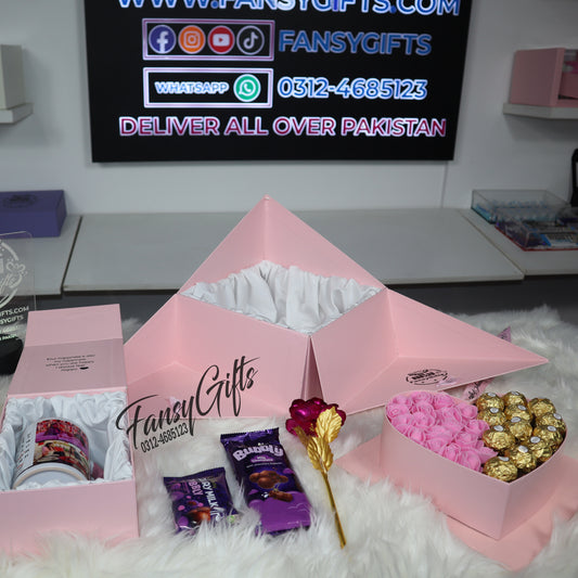 Heart Drawer Corner Box Gift Set with Chocolates, Roses & Customize Mug