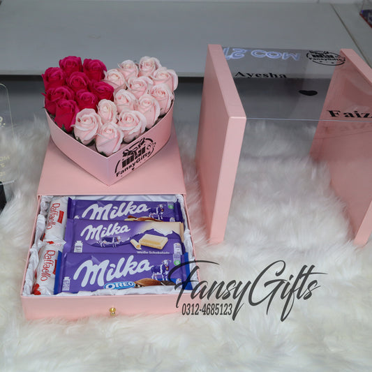 Luxury Heart Drawer Transparent Box with Premium Chocolates & Fragrance Roses