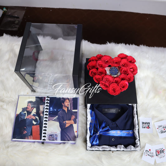 Transparent Heart Drawer Box with Flowers, Watch, Shirt & Photo Album