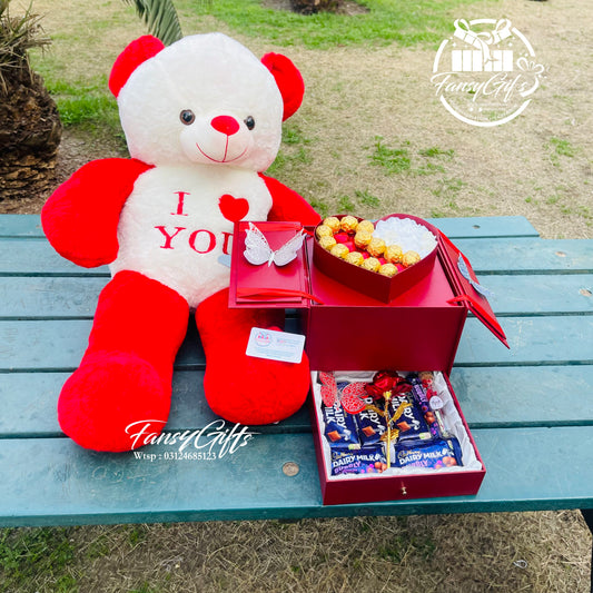 Luxury Heart Drawer Pop-Up Box with Big Teddy