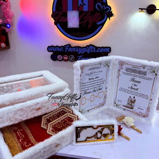 White Luxury Fluffy Nikkah Set — 2 Drawer Transparent Box with Customized Bridal Dupatta, Custom Pens, Haq Mehr Envelope & Imamzamin
