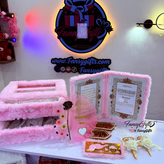 2 Drawer Fluffy Transparent Box with All Items | Pink Luxury Fluffy Nikkah Set