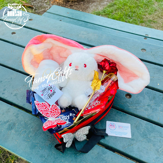 Surprise Heart Inside Fluffy Rabbit with Metal Flower, Mug, Chocolates & Cards