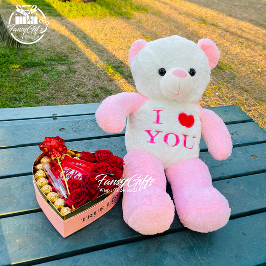 Chocolate Heart with Flowers, Cards, Metal Flower & Teddy Bear