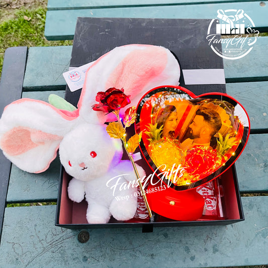 Surprise Box with Fluffy Rabbit & LED Heart Flower Mirror Frame
