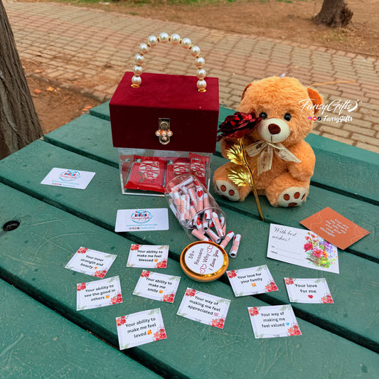 Luxury Transparent Carry Box - Teddy, Metal Flower, Chocolates & Jar