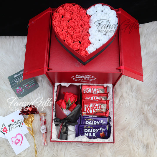 Luxury Heart Drawer Popup Box with PE Roses, Chocolates & Preserved Flower Jar