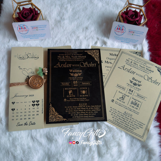 Fansy 3-Event Wedding Card Set | Calendar Heart Design & Wax Rose Stamp Fold Card