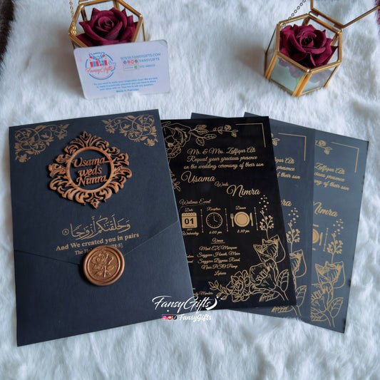 Fansy 3-Event Wedding Card Set | Wooden Monogram & Black Gold Floral Envelope