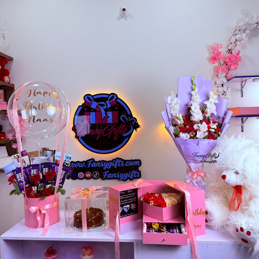 Luxury Surprise Gift With Balloon Bouquet / Flower Bouquet & Heart Drawer Box Gift Set