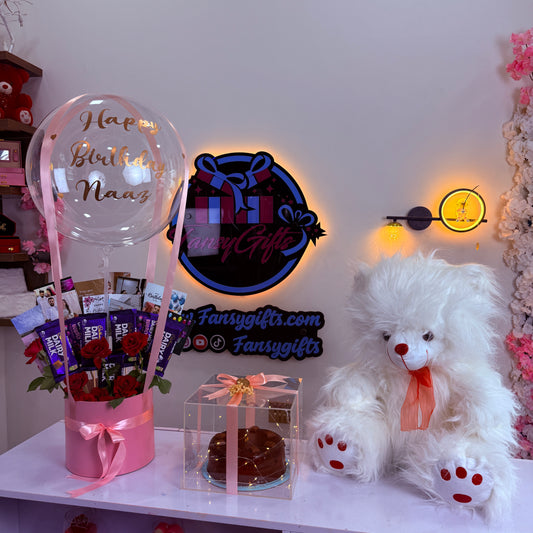 Luxury Balloon Bouquet with Acrylic Box, Cake, Lighting & Teddy Bear