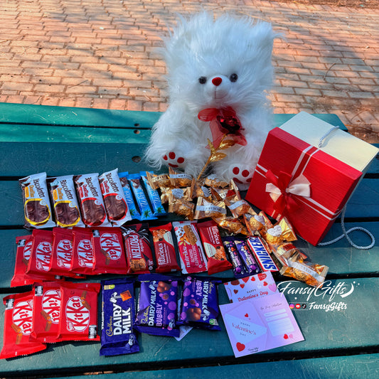 Fluffy Big Size Teddy with Metal Flower & Premium Chocolates Box