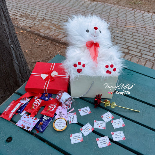 Big Surprise Box - Teddy, Hanging Chocolate, Metal Flower, Card & Love Jar