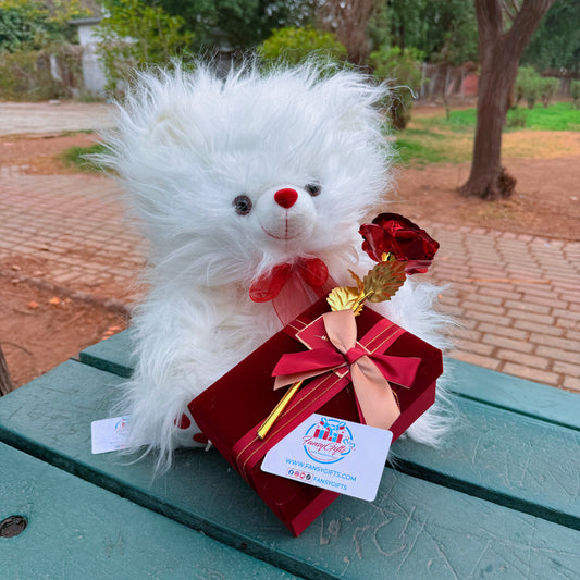 Valentine Deal - Fluffy Teddy with Metal Flower & Surprise Box