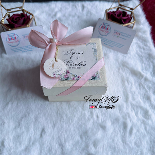 Decorative gift box with a pink ribbon and personalized tag on a white surface, branded 'Fancy Gifts'.