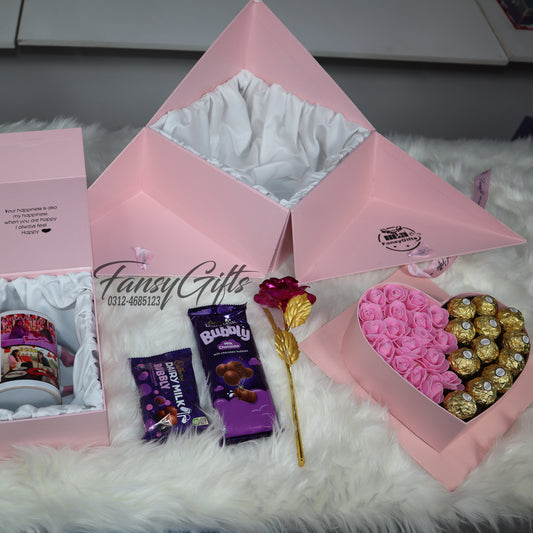 Heart Drawer Corner Box Gift Set with Chocolates, Roses & Customize Mug