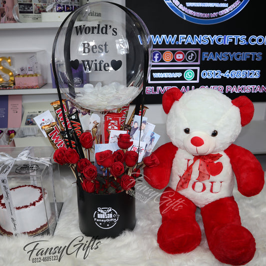 World's Best Wife Surprise Deal - Cake, Bouquet & Teddy Gift Package