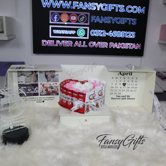 Customize Heart Drawer Box with Chocolates, Metal Flower & Cards