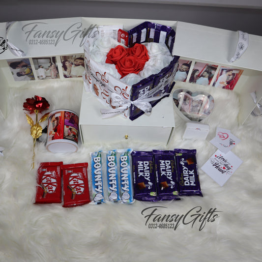 Customize Heart Drawer Box with Mug, Chocolates, Flowers & LED Frame