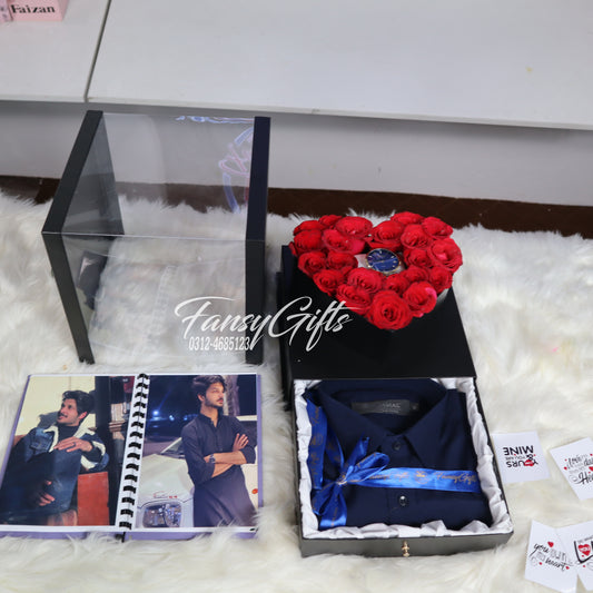 Transparent Heart Drawer Box with Flowers, Watch, Shirt & Photo Album