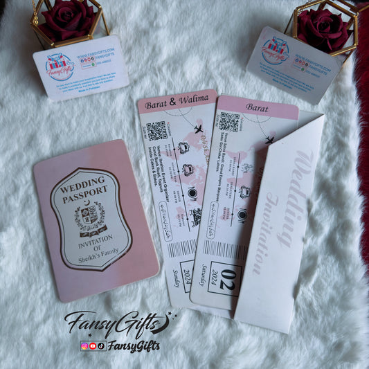 Pink Passport Wedding Invitation Suite | Blush Travel Theme with Boarding Pass & Diagonal Envelope