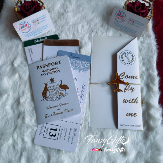 Wedding Passport & Boarding Pass Invitation Set | Travel Theme with Golden Airplane Charm