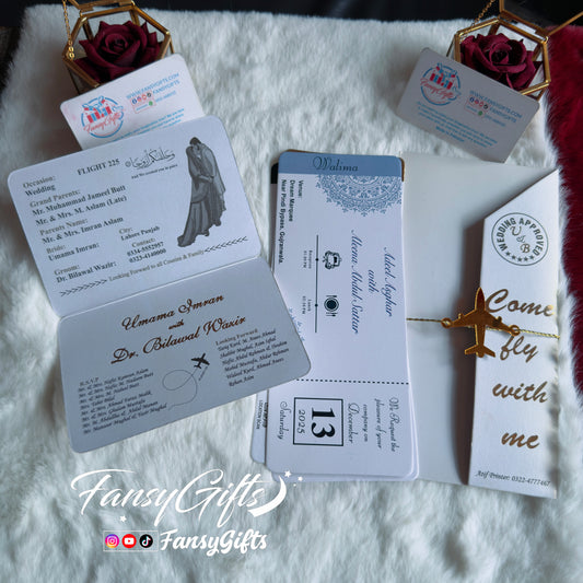 Wedding Passport & Boarding Pass Invitation Set | Travel Theme with Golden Airplane Charm