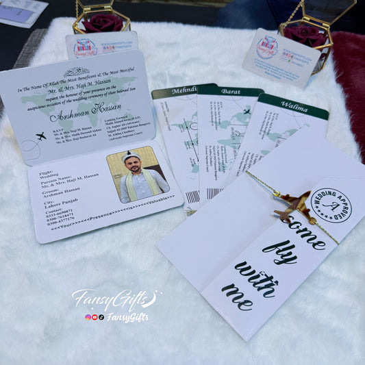 Green Passport Wedding Invitation Suite with Photo | Gold Crest, Boarding Pass & Airplane Charm