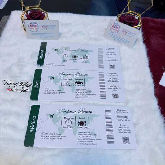 Green Passport Wedding Invitation Suite with Photo | Gold Crest, Boarding Pass & Airplane Charm