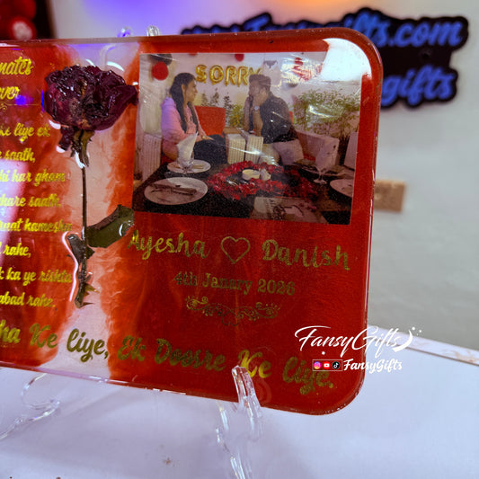 Rose Preserved in Resin Tray with Couple Photos