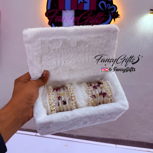 Gajra & Rose Preserved Resin Bangle — Fluffy Box Bundle with Pearl Gajra & Custom Name