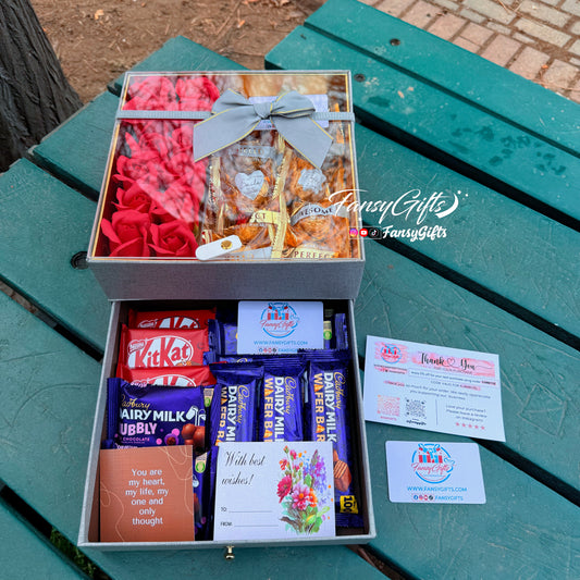 Premium Surprise Box with Chocolates, Cards and Fragrance Roses