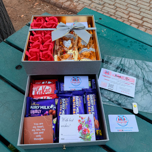 Premium Surprise Box with Chocolates, Cards and Fragrance Roses