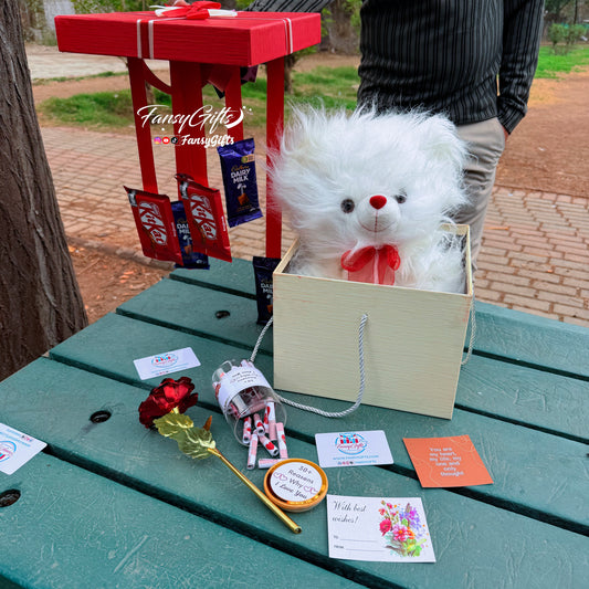 Big Surprise Box - Teddy, Hanging Chocolate, Metal Flower, Card & Love Jar