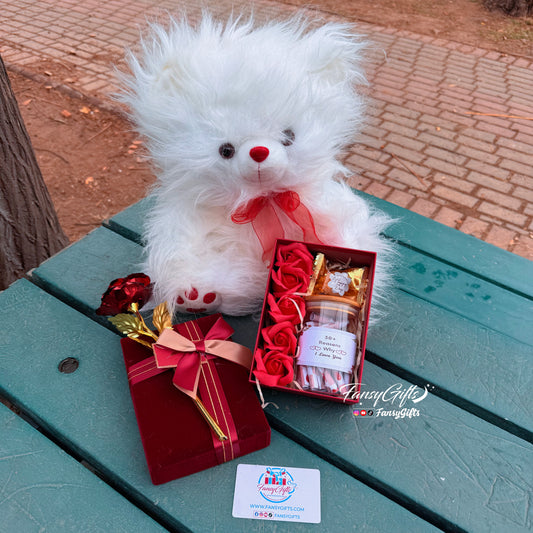 Fluffy Teddy with Metal Flower & Surprise Box Gift Set