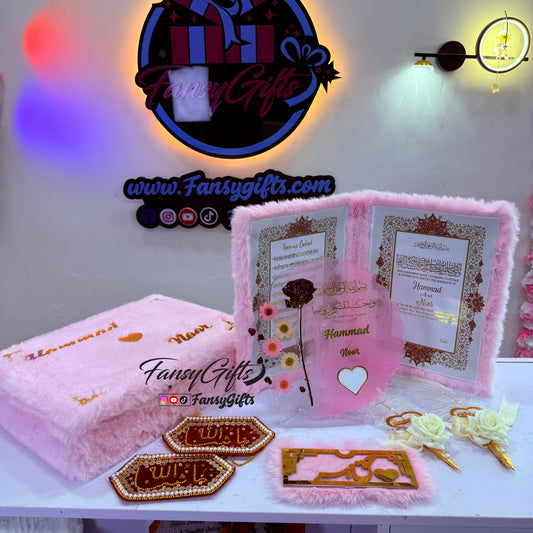 Complete Luxury Fluffy Nikkah Set — Booklet, Rose Thumb Tray, Custom Pens, Imamzamin & Fluffy Box