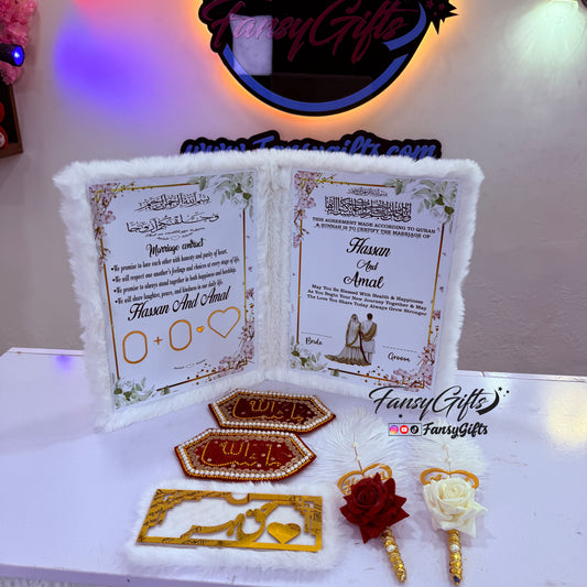 White Luxury Fluffy Nikkah Set — 2 Drawer Transparent Box with Customized Bridal Dupatta, Custom Pens, Haq Mehr Envelope & Imamzamin