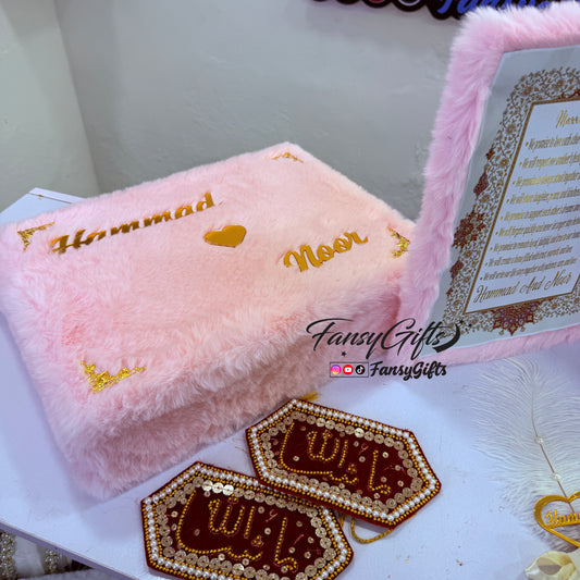Complete Luxury Fluffy Nikkah Set — Booklet, Rose Thumb Tray, Custom Pens, Imamzamin & Fluffy Box