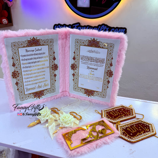 Luxury Fluffy Nikkah Booklet — 2 Custom Pens, Haq Mehr Envelope & 2 MashaAllah Imamzamin
