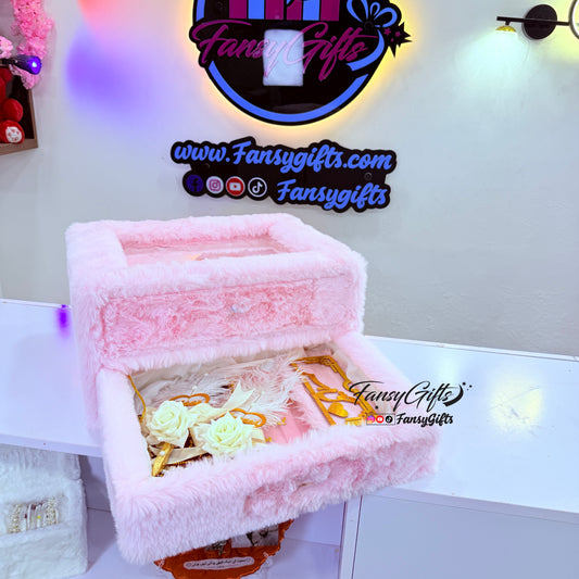 2 Drawer Fluffy Transparent Box with All Items | Pink Luxury Fluffy Nikkah Set
