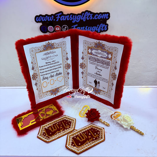 Red Luxury Fluffy Nikkah Booklet — Signature & Thumb Impression, 2 Custom Pens, Haq Mehr Envelope & 2 Imamzamin