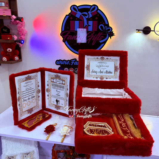 Red Luxury Fluffy Nikkah Set — Flip-Open Box with Couple Name, Bridal Dupatta, Custom Pens, Haq Mehr Envelope & Imamzamin