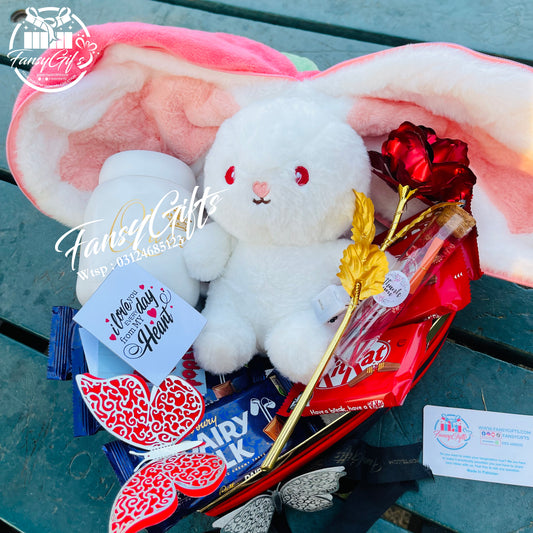Surprise Heart Inside Fluffy Rabbit with Metal Flower, Mug, Chocolates & Cards