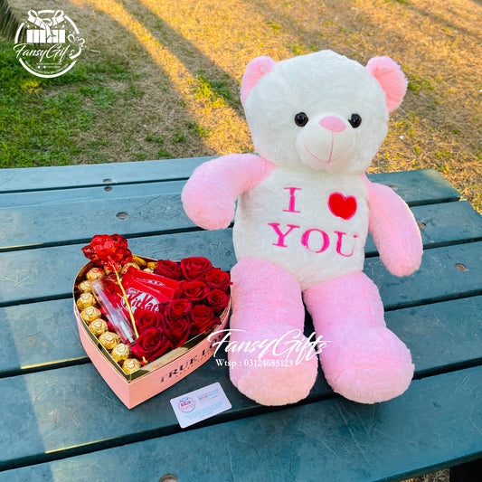 Chocolate Heart with Flowers, Cards, Metal Flower & Teddy Bear