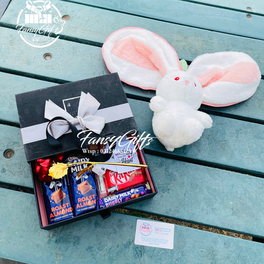 Chocolate Box with Metal Flowers, Cards & Fluffy Rabbit