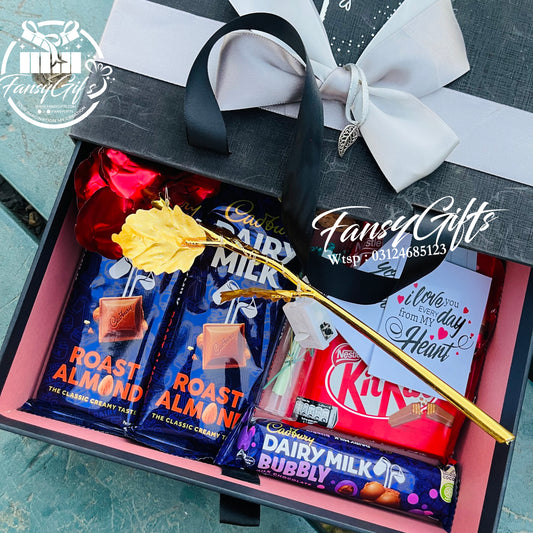 Chocolate Box with Metal Flowers, Cards & Fluffy Rabbit