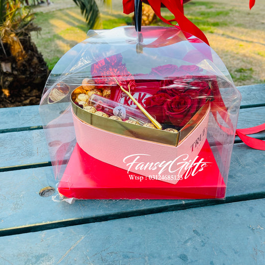 Transparent Handle Bag with Chocolate Heart, Flowers, Balloon & Teddy Bear