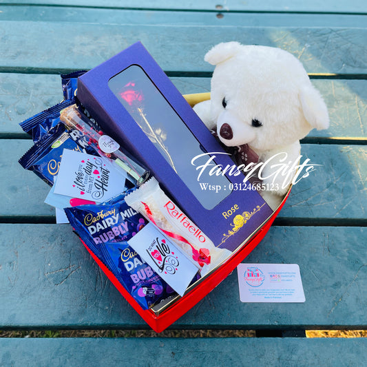Surprise Chocolate Heart with Teddy Bear, Chocolates, Metal Flower & Cards